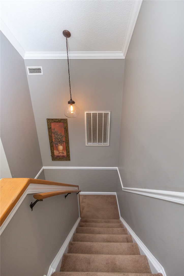 1302 Leeward Road Anderson, SC 29625 - Photo 17 of 50 A well-lit stairway with a warm, inviting carpeted path awaits.