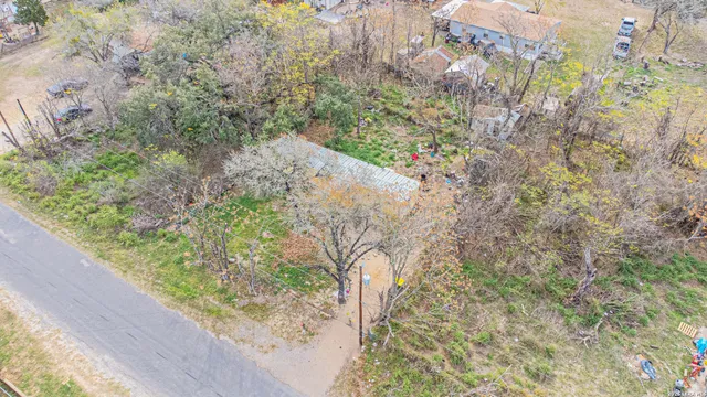 a view of a yard with large trees