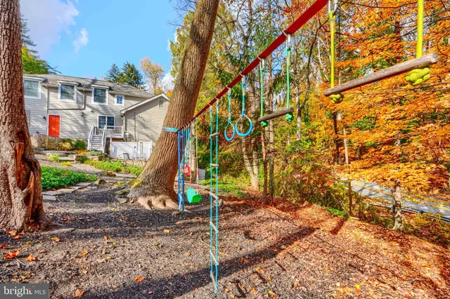 a view of a bench in a backyard