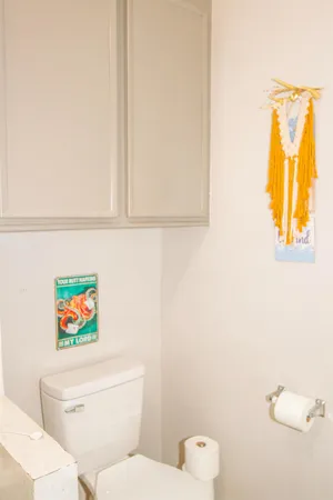 a white toilet sitting next to a shower curtain