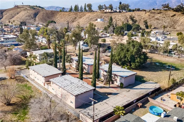 an aerial view of a house with a garden