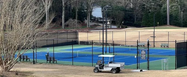 a view of tall trees with wooden fence