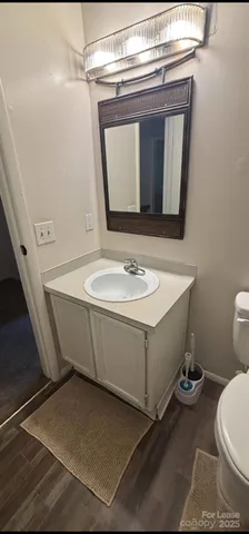a bathroom with a sink a toilet and mirror