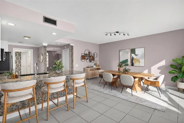 a view of a dining room with furniture