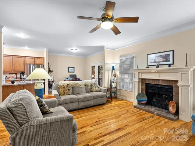 a living room with furniture a fireplace and a ceiling fan