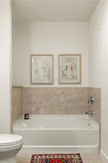 a bathroom with a bathtub and a toilet