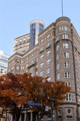 a front view of a building with street view
