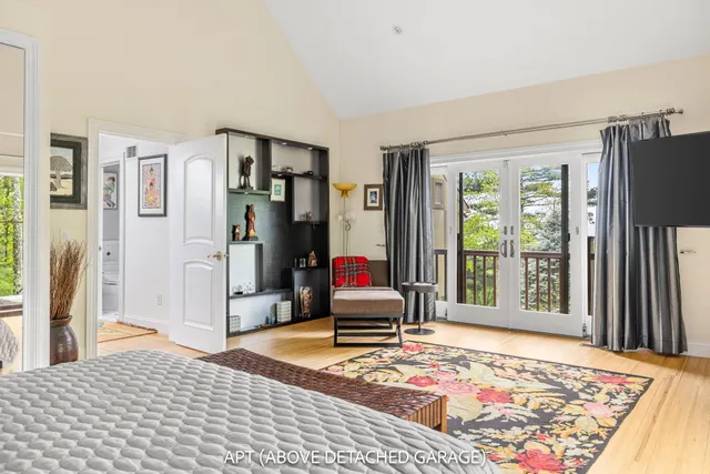 an aerial view of a house with a garden