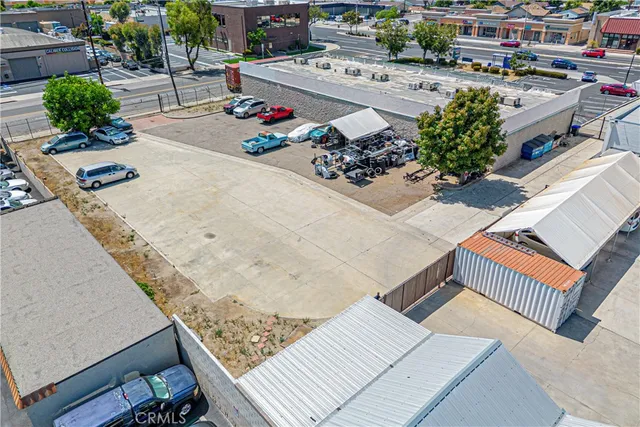 an aerial view of an buildings and street