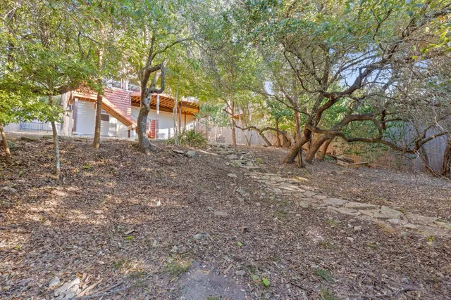 an aerial view of residential houses with outdoor space and trees