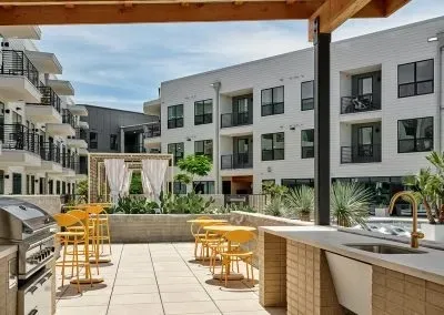 a view of a building with a swimming pool