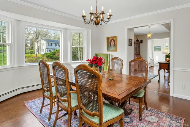 a view of a dining room with furniture wooden floor and chandelier