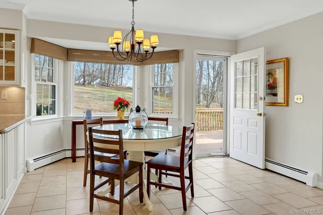 a view of a dining room with furniture window and outside view