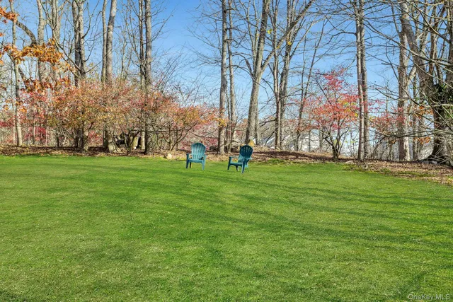 a garden with trees in front of it