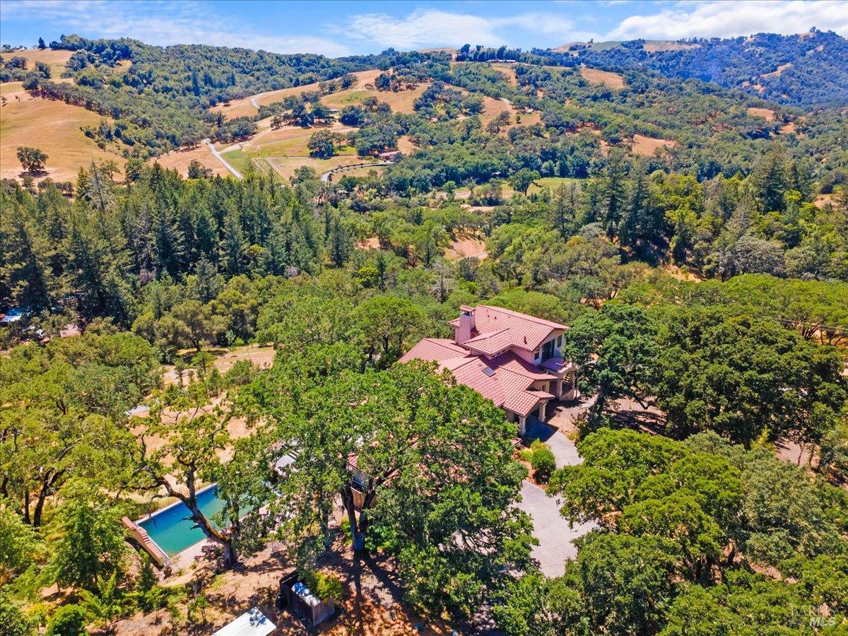 13404 Flora Ranch Road Healdsburg, CA 95448 - Photo 57 of 66 an aerial view of a houses with a lush green hillside