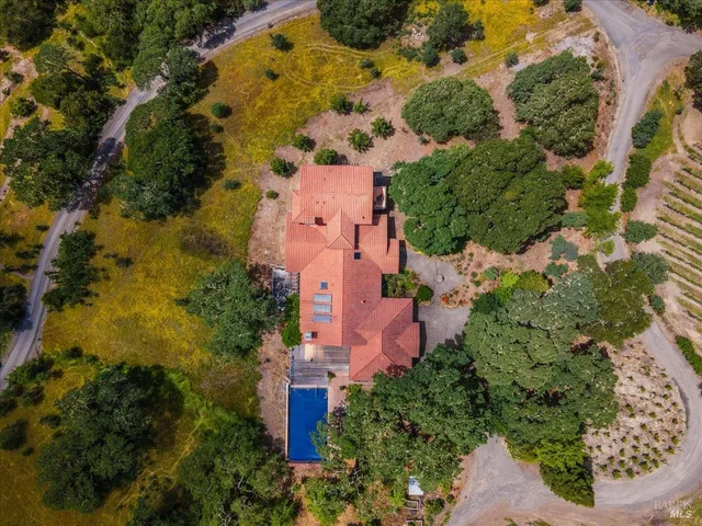an aerial view of residential houses with outdoor space and trees