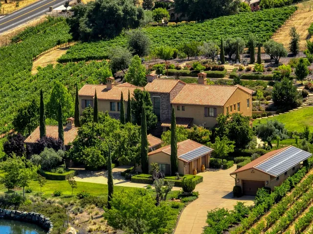 an aerial view of residential houses and trees all around