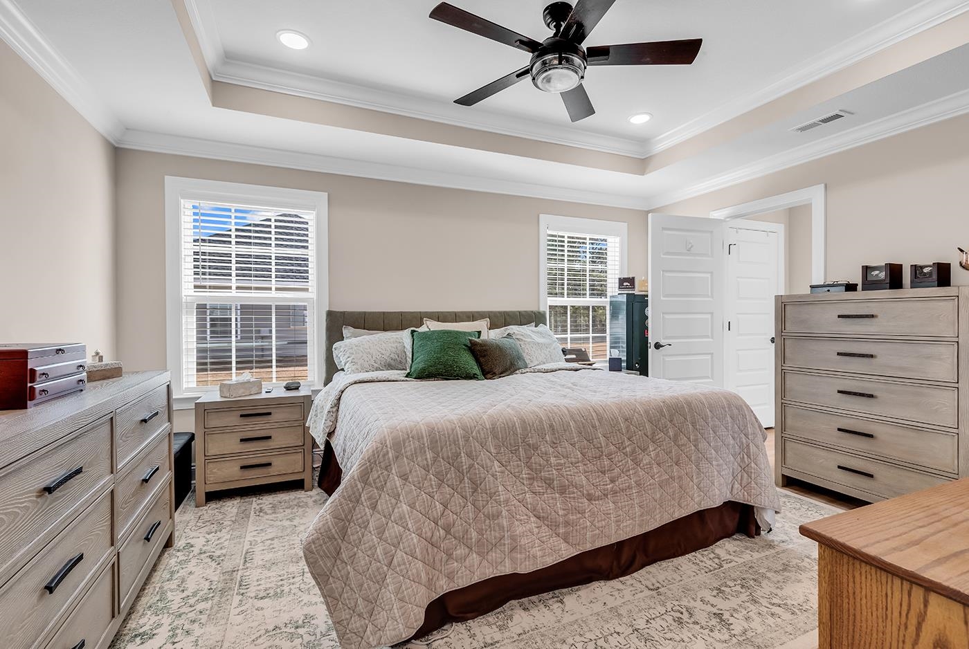 384 William Nobles Road Aynor, SC 29511 - Photo 19 of 38 Bedroom with a tray ceiling, ornamental molding, ceiling fan, and recessed lighting