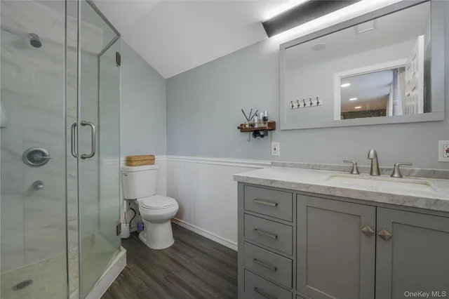 a bathroom with a granite countertop sink a toilet and a mirror