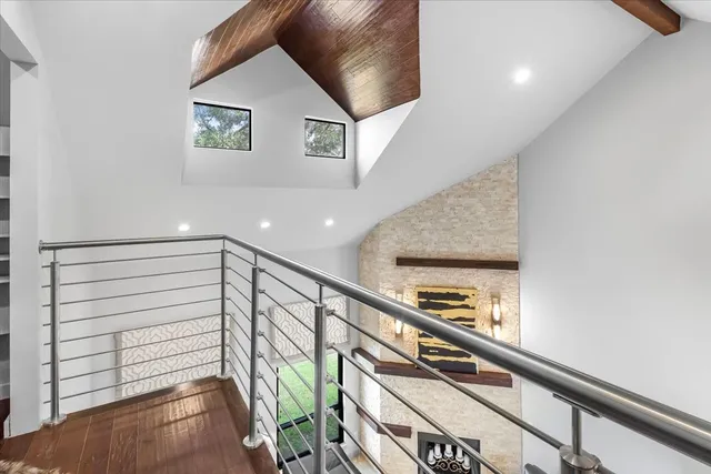 a hallway with a workspace