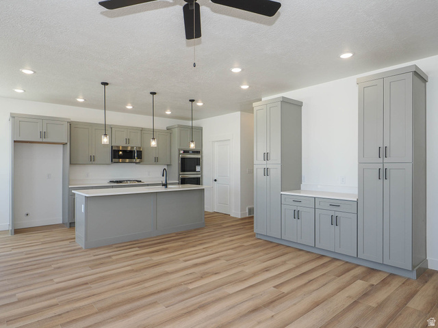 3938 North Wood Road Eagle Mountain, UT 84005 - Photo 12 of 55 Kitchen with gray cabinetry, stainless steel appliances, light wood-style floors, decorative light fixtures, and a ceiling fan