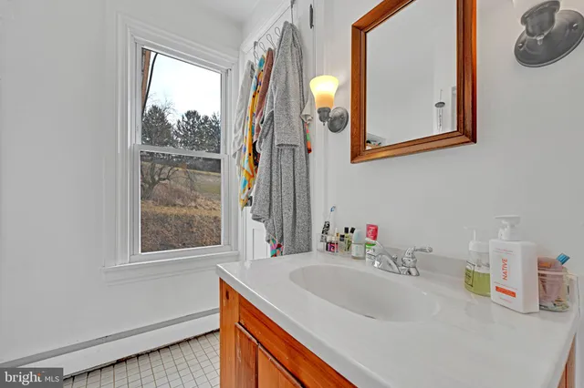 a bathroom with a sink vanity and a mirror