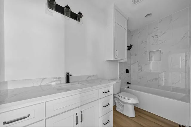 a bathroom with a sink a toilet and a mirror