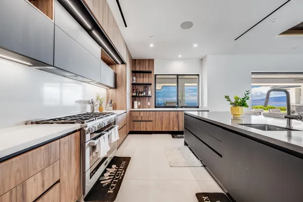 a large kitchen with stainless steel appliances granite countertop a lot of counter space and a sink