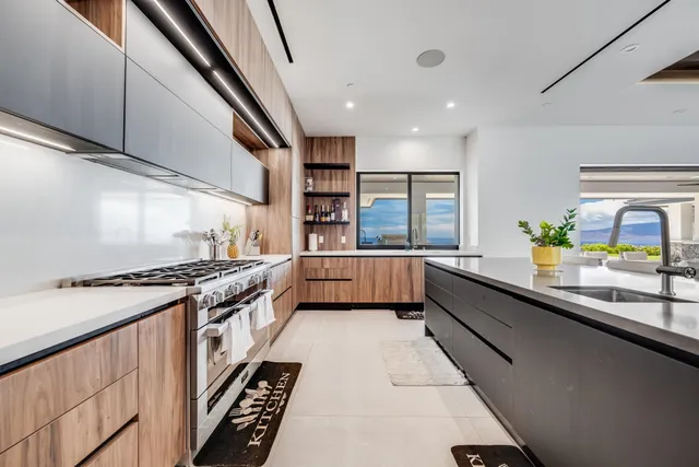 a large kitchen with stainless steel appliances granite countertop a lot of counter space and a sink