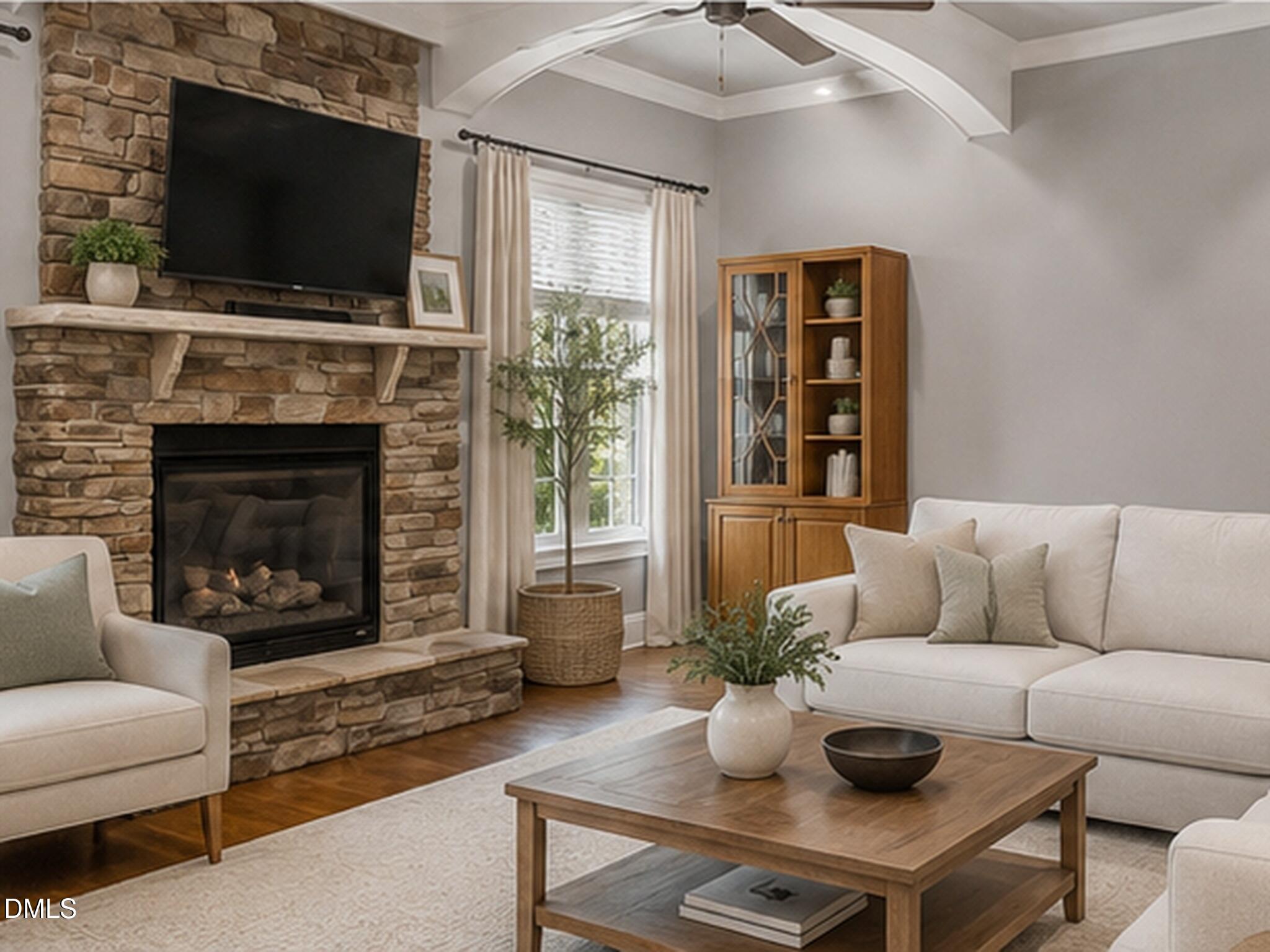 7915 Longleaf Branch Court Raleigh, NC 27612 - Photo 26 of 63 a living room with furniture a flat screen tv and a fireplace