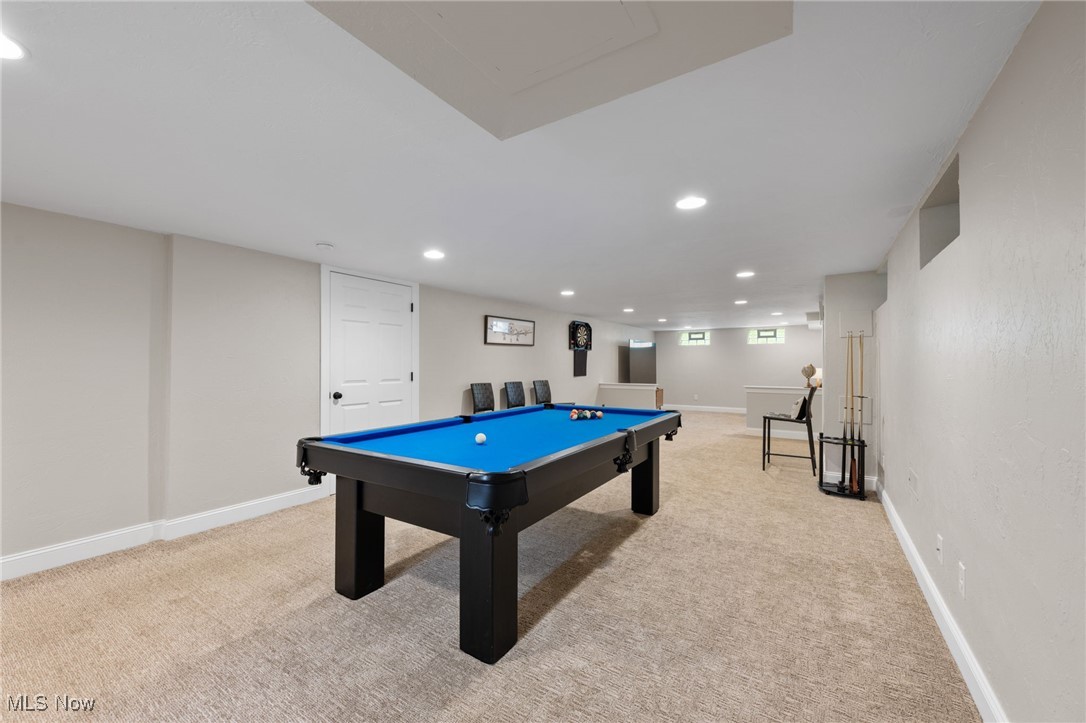 35425 Miles Road Chagrin Falls, OH 44022 - Photo 38 of 50 Game room featuring light carpet, billiards table, recessed lighting, and baseboards