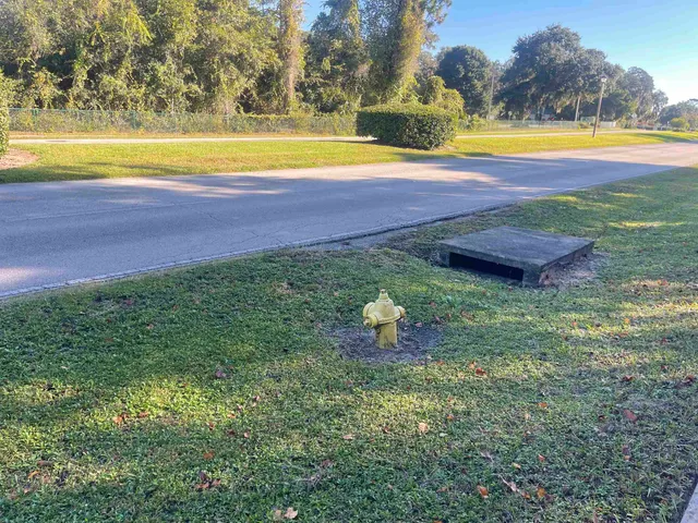 a view of a tennis ground with large trees