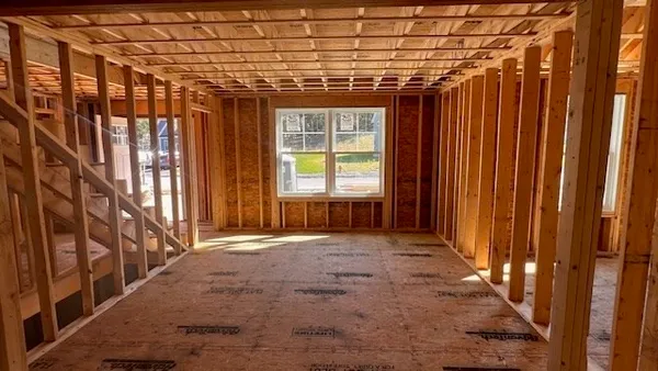 a view of a room with windows