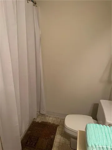 a white toilet sitting next to a shower curtain