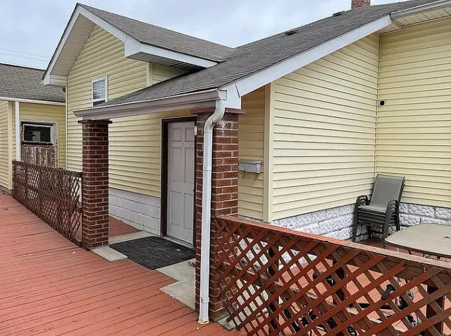 a porch with seating space