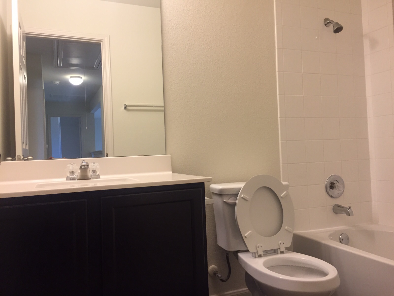 384 Discovery Kyle, TX 78640 - Photo 16 of 18 Bathroom featuring shower combination, vanity, and a textured wall