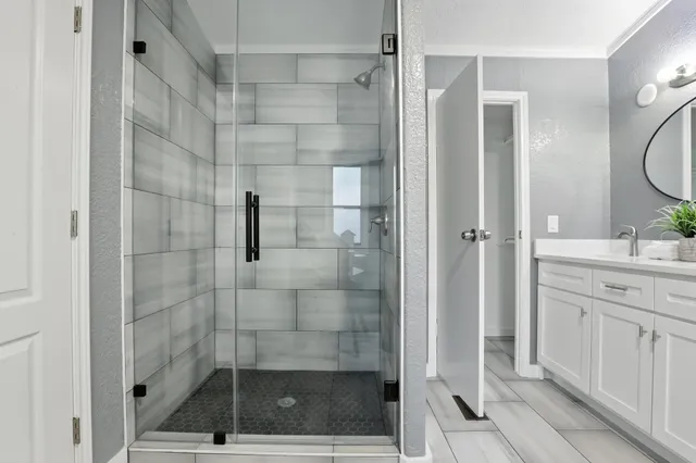a bathroom with a shower and a sink