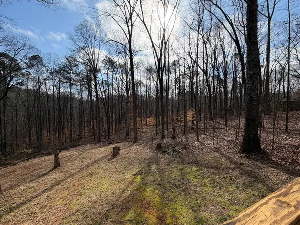 a backyard of a house with lots of trees