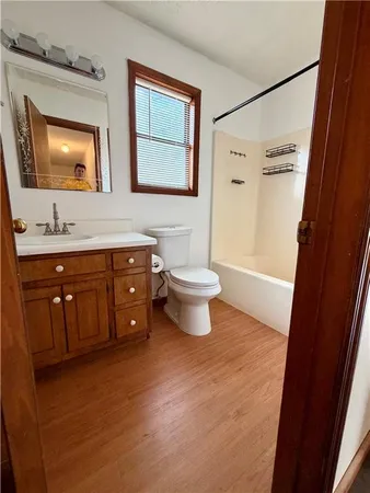 a bathroom with a sink a toilet a mirror a vanity and shower