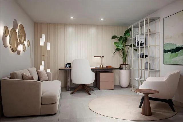 a living room with furniture and a potted plant