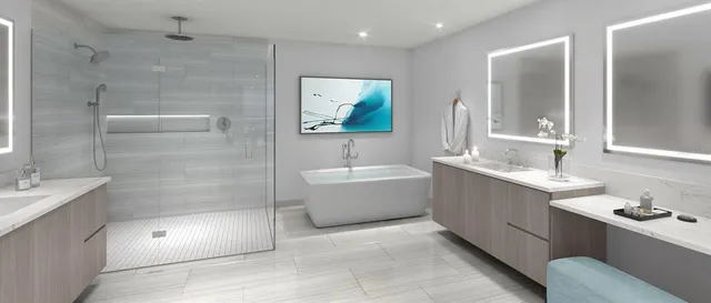 a bathroom with a tub a sink and mirror