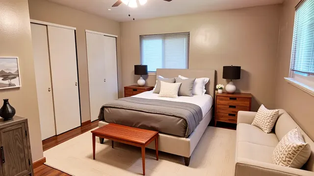 a bedroom with a bed and a window