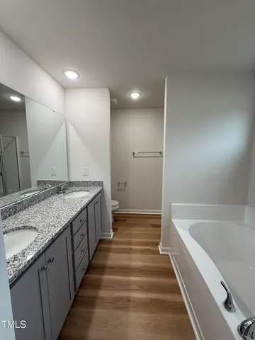a spacious bathroom with a granite countertop sink and a bathtub