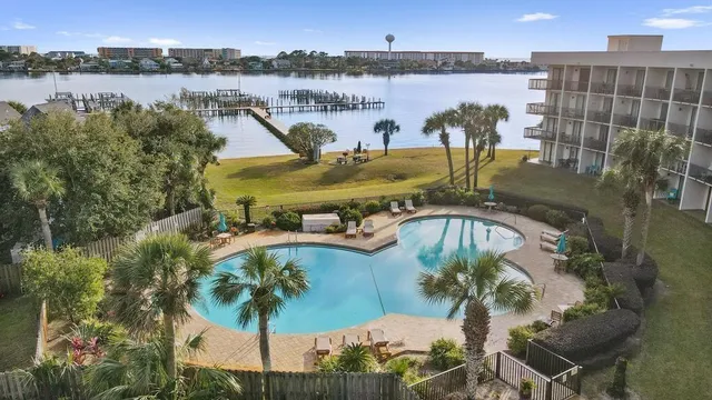a view of a lake in middle of the town