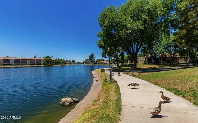 a view of a lake with houses