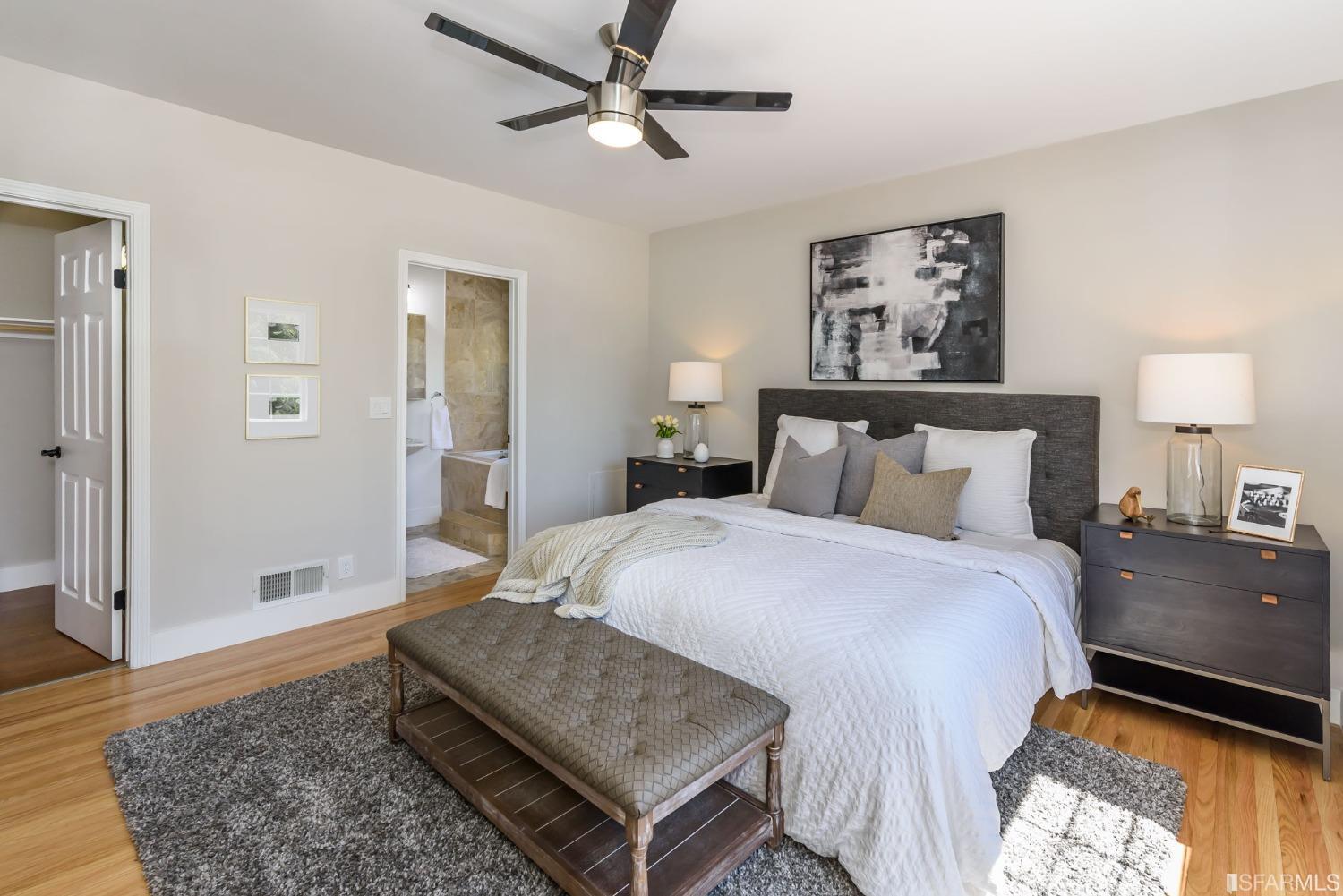 9 Bancroft Road Burlingame, CA 94010 - Photo 20 of 45 a bedroom with a bed and wooden floor