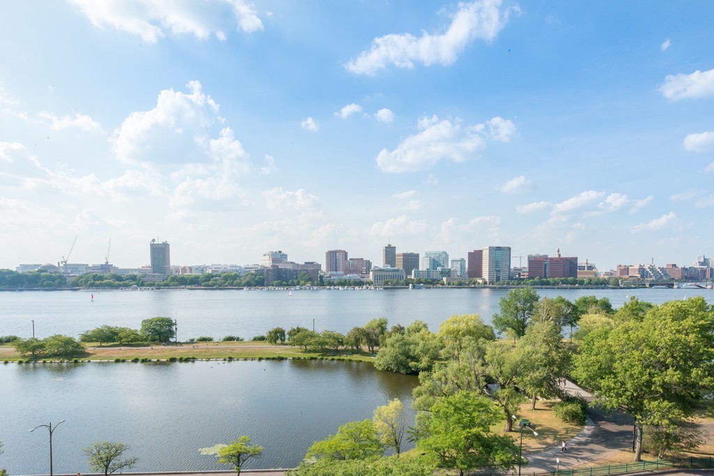a view of a lake with a city