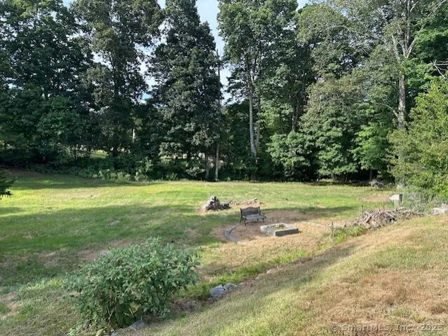 a view of a field with trees in the background