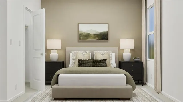 a bedroom with a bed and a painting on the wall