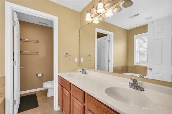 a bathroom with a sink a toilet and a large mirror